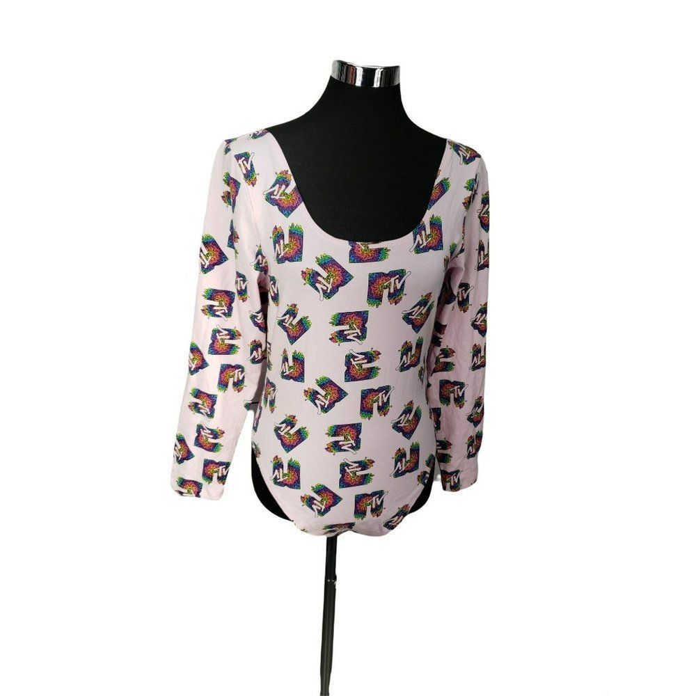 Viacom MTV pink cotton spandex snap body suit‎ size large long sleeve pink